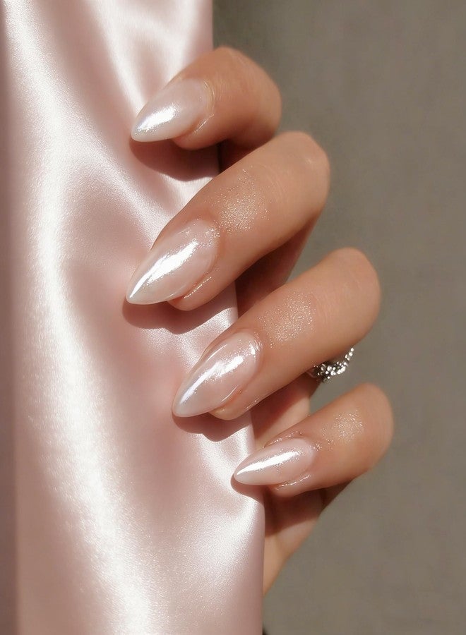 KQueenest Press On Nails Almond - Chrome Press On Nails Medium, Opaque Neutral Milky White Fake Nails with a Glazed Donut Finish, Thick Sparkly Soft Gel Glue on Nails for Women Bridal Wedding 24 Pcs - Image 2